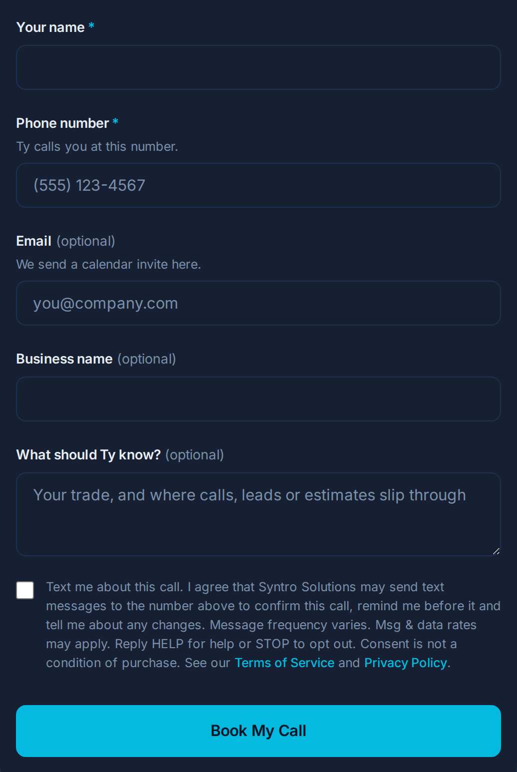 Syntro Solutions booking form with name and phone fields, an unchecked box reading Text me about this call with the full text consent wording, and a Book My Call button