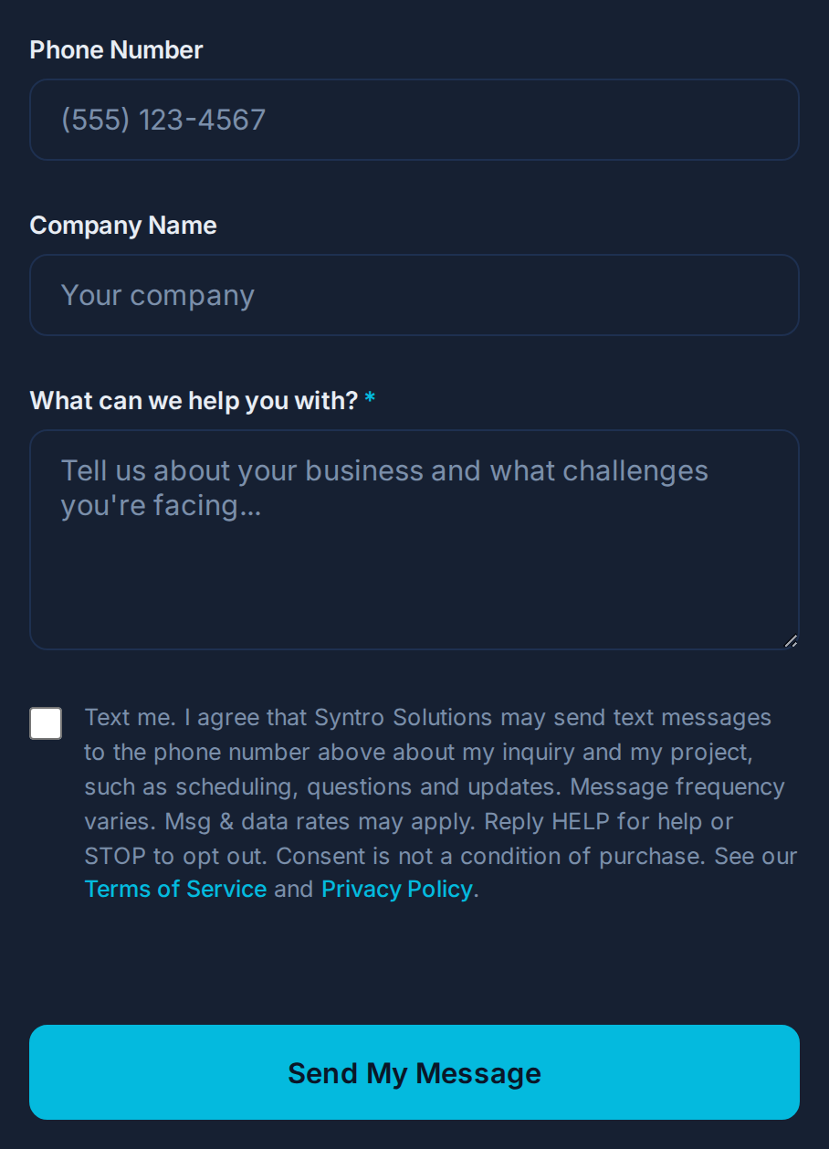Syntro Solutions contact form with phone and message fields, an unchecked box reading Text me with the full text consent wording, and a Send My Message button